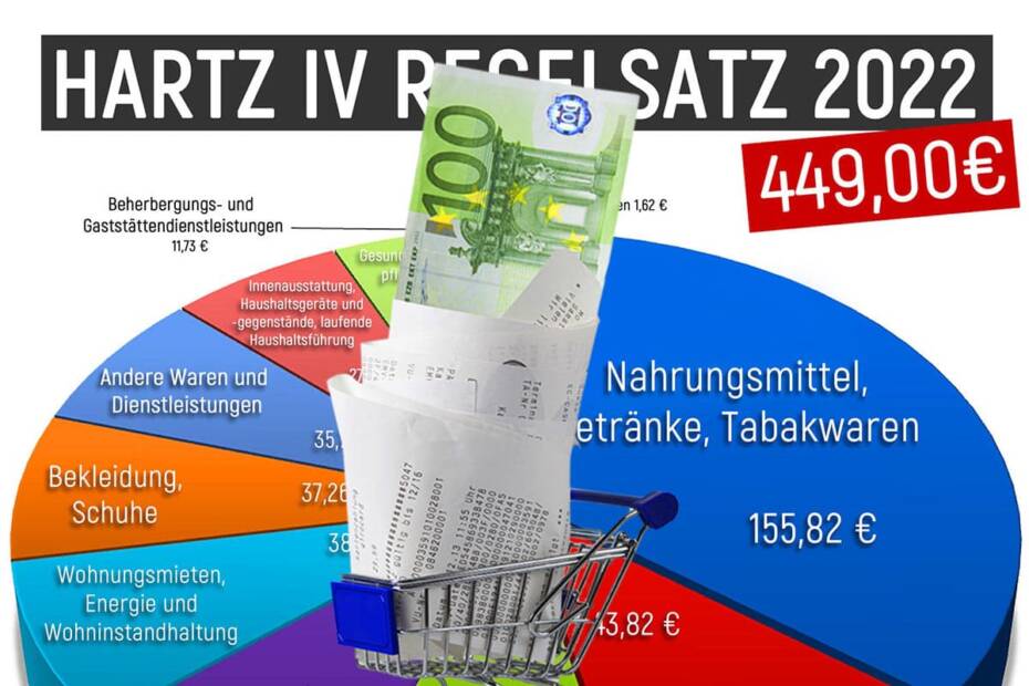 100 Euro in Einkaufswagen auf DIagramm Hartz 4 Regelsatz