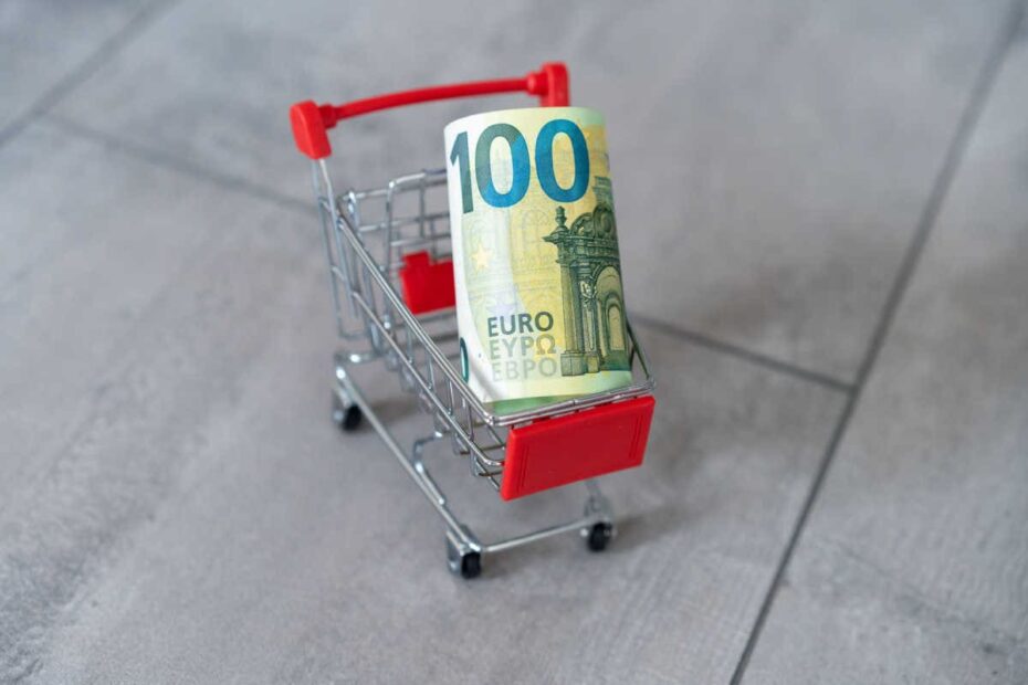 100 Euro Schein in einem kleinen Einkaufswagen