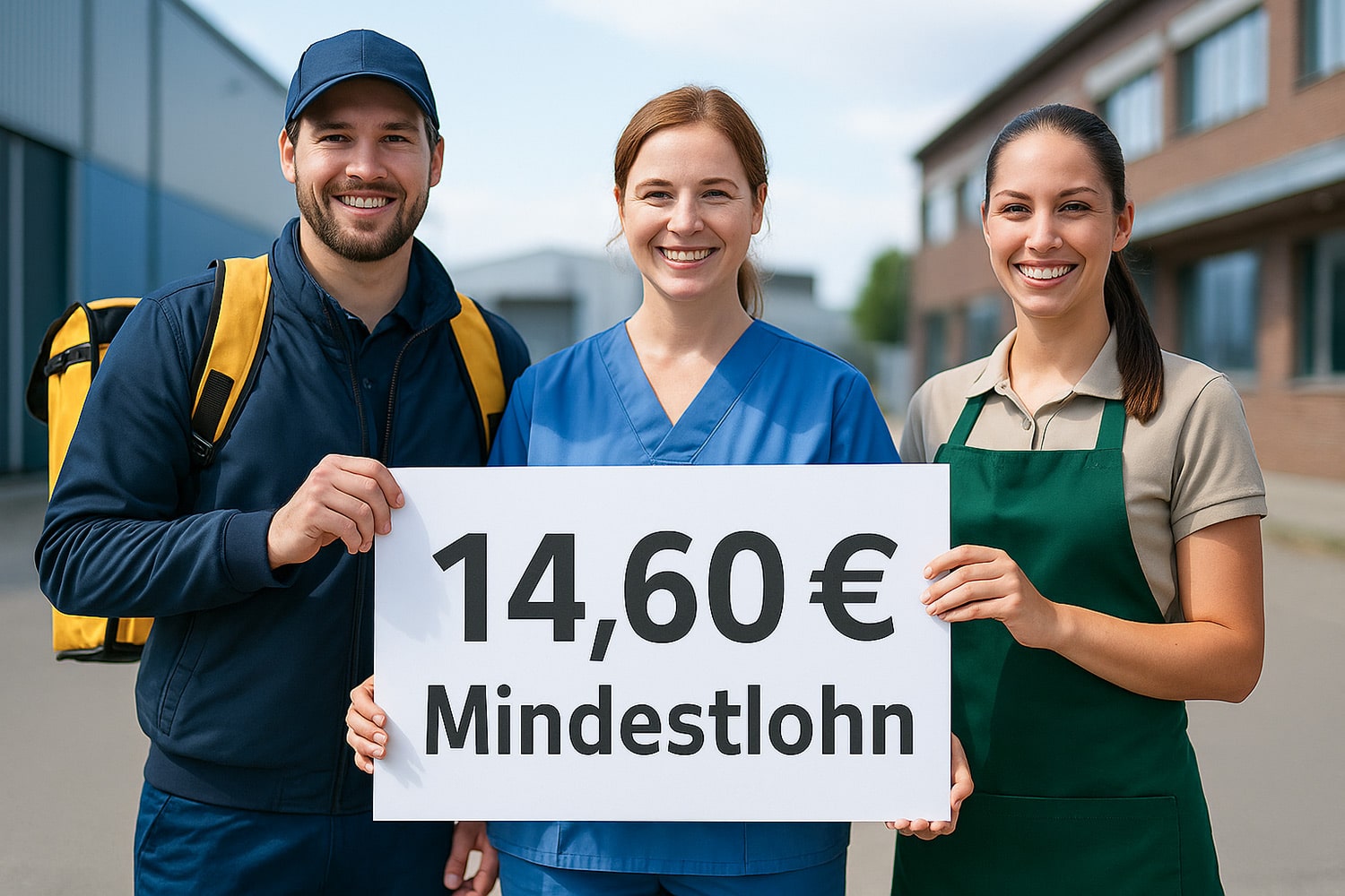 Drei Arbeitnehmer halten Schild hoch mit "14,60 €" Mindestlohn, symbolisch für die Mindestlohnerhöhung