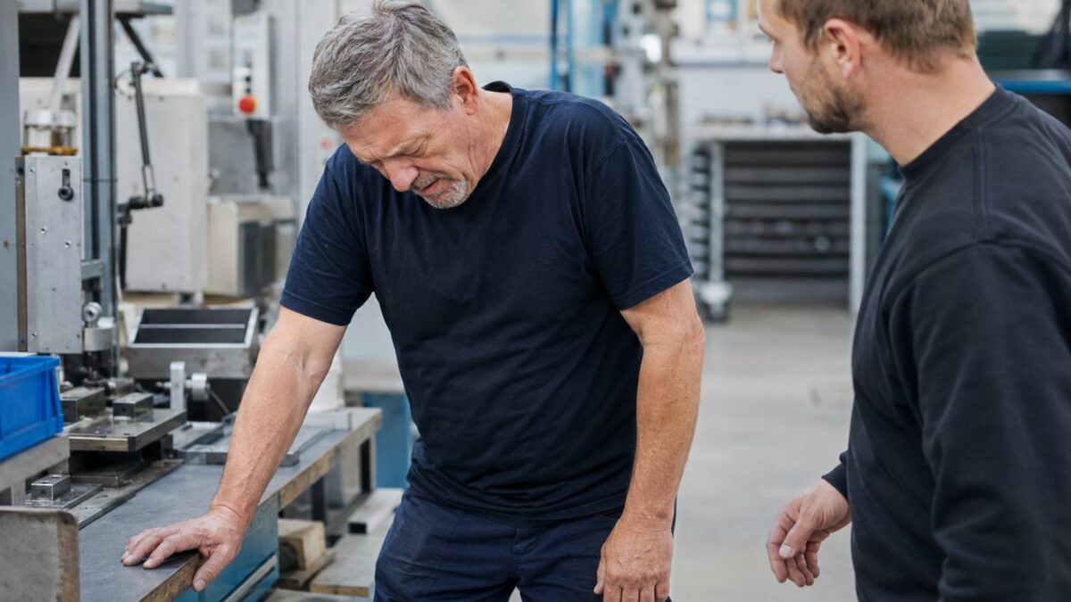 Ein älterer Arbeitnehmer unterbricht erschöpft die Arbeit an einer Werkbank, während ein Kollege aufmerksam reagiert.
