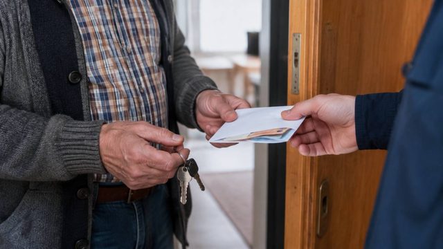 Bargeldübergabe für die Miete an einer Wohnungstür mit Wohnungsschlüsseln