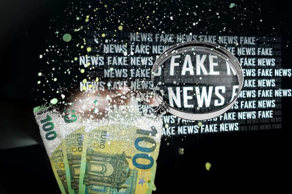 Euro Scheine zerfallen im Hintergrund Fake News mit Lupe