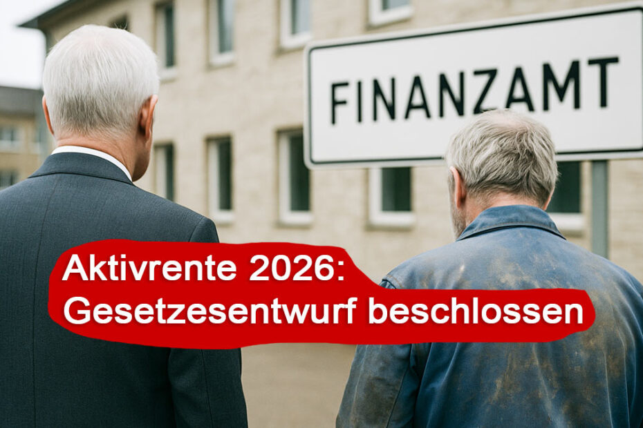 Zwei Rentner stehen vor dem Finanzamt, einer im Anzug, der andere im Blaumann. Schrift mit "Aktivrente 2026: Gesetzesentwurf beschlossen"