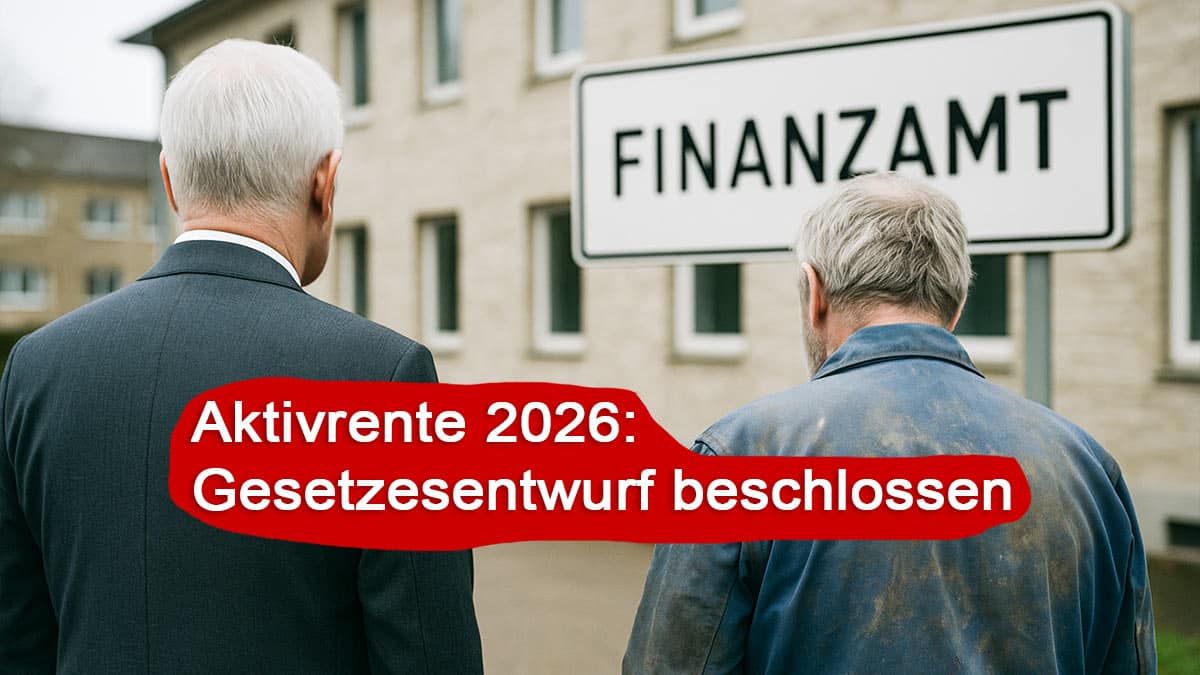 Zwei Rentner stehen vor dem Finanzamt, einer im Anzug, der andere im Blaumann. Schrift mit "Aktivrente 2026: Gesetzesentwurf beschlossen"