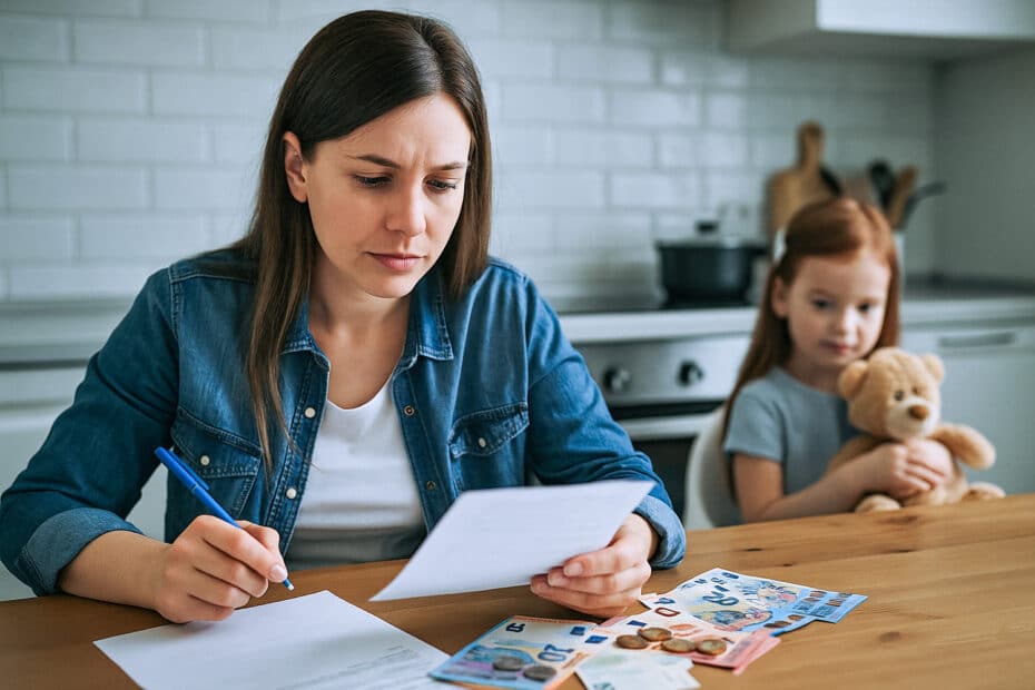Alleinerziehende Mutter sitzt mit ihrer Tochter am Küchentisch, prüft Bürgergeld-Unterlagen neben Euro-Scheinen und einem Teddybär