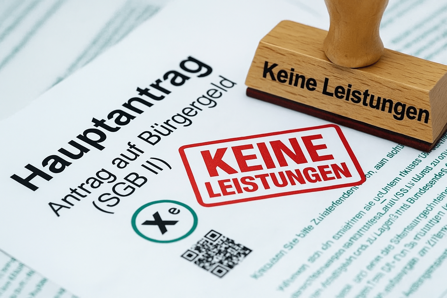Antragshilfe Vordruck zum Bürgergeld Antrag SGB II mit rotem Stempel "Keine Leistungen"