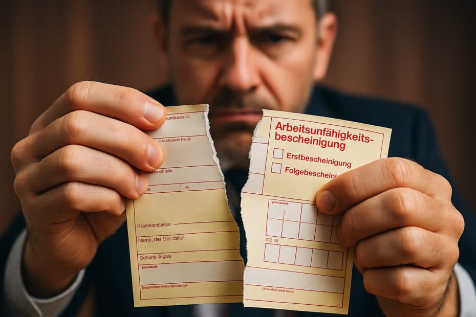 Arbeitgeber zerreisst Krankmeldung des Arbeitnehmers, symbolisch für Zweifel