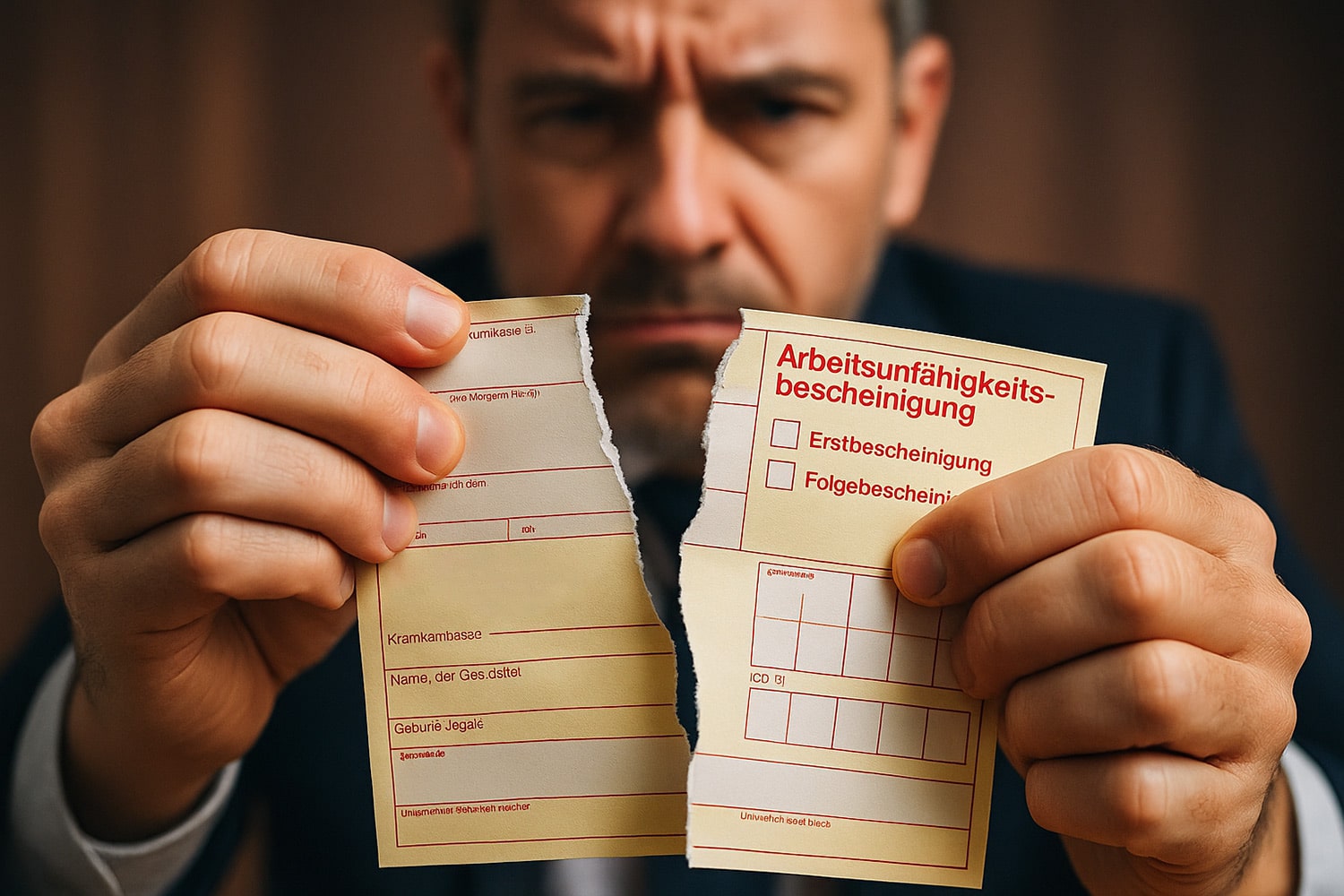 Arbeitgeber zerreisst Krankmeldung des Arbeitnehmers, symbolisch für Zweifel