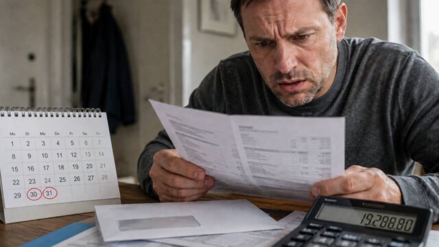 Mann mit sorgenvollem Blick liest einen Bescheid, daneben ein Taschenrechner mit der Summe 19.288,80 Euro und ein Kalender mit rot markiertem 30. und 31.