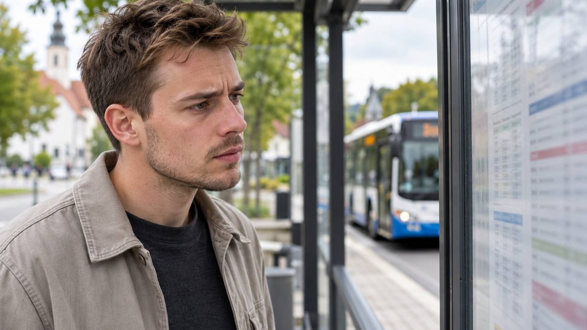 Junger Mann in betrachtet einen Fahrplan an einer Bushaltestelle.