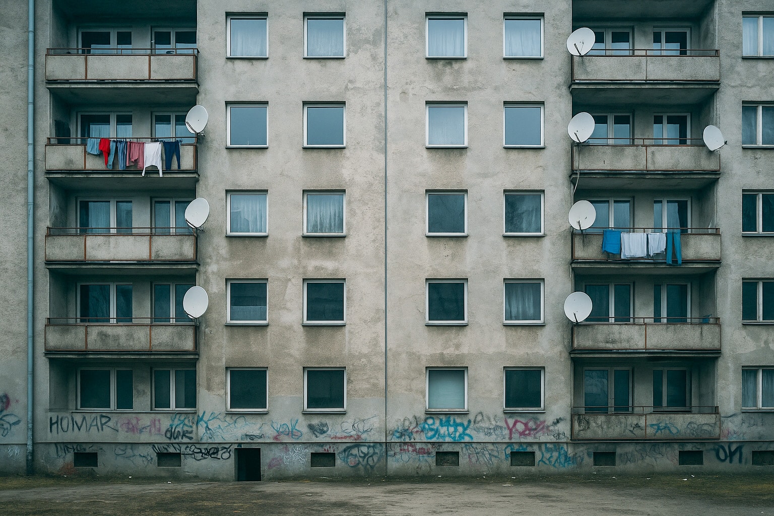 Heruntergekommene Fassade eines Mehrfamilienhauses in einer eher bescheidenen Wohngegend