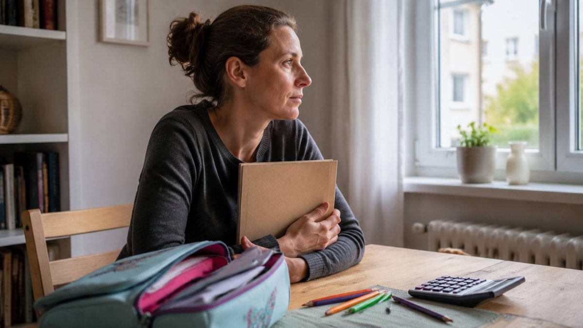 Nachdenkliche Mutter hält den Ordner einer Ausbildungsversicherung neben Schulranzen und Taschenrechner.