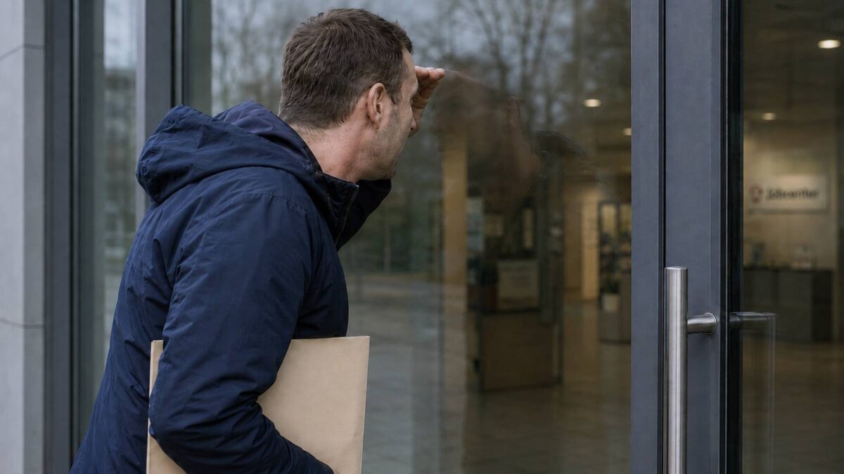 Mann blickt mit einer Aktenmappe unter dem Arm durch die verschlossene Glastür eines Jobcenters.