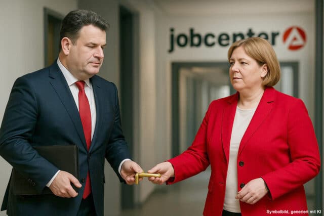 Smybolbild: Hubertus Heil übergibt Bärbel Bas eine "Klinke", im Hintergrund ist das Jobcenter Logo zu sehen