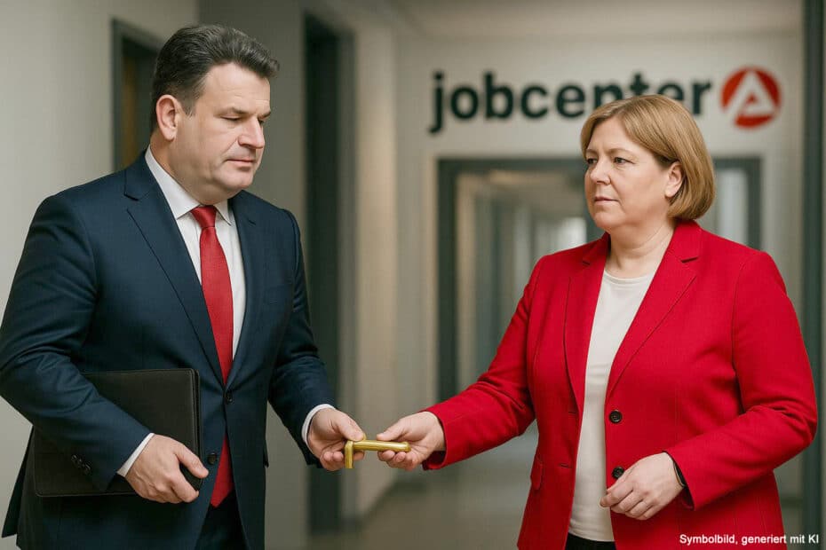 Smybolbild: Hubertus Heil übergibt Bärbel Bas eine "Klinke", im Hintergrund ist das Jobcenter Logo zu sehen