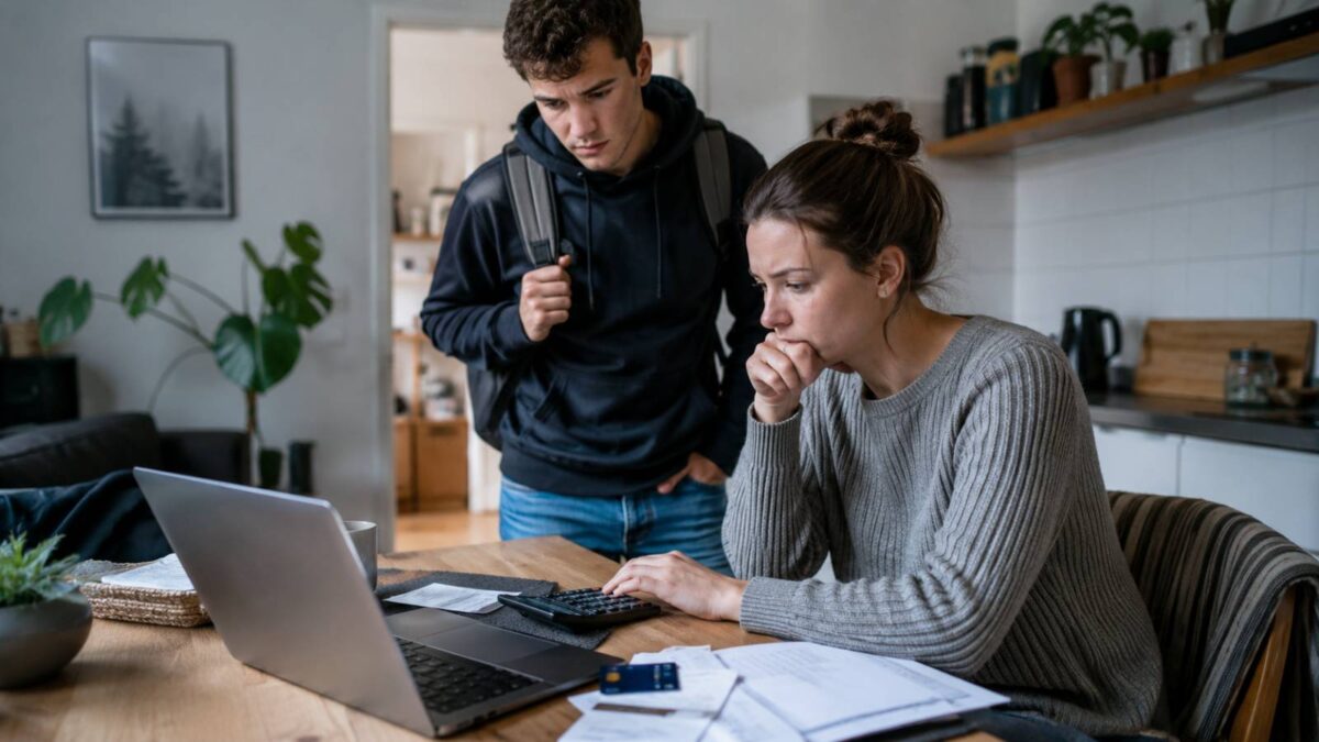 Junges Paar prüft am Küchentisch mit Laptop und Taschenrechner seine Haushaltsfinanzen.