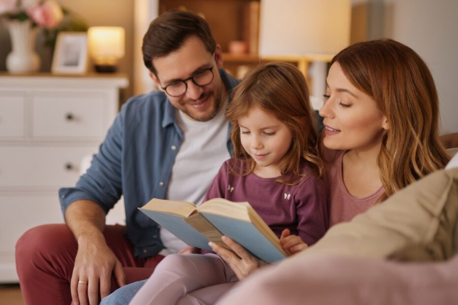 Familie sitzt zusammen auf dem Sofa und liest ein Buch. Symbolbild für Bedarfsgemeinschaft.