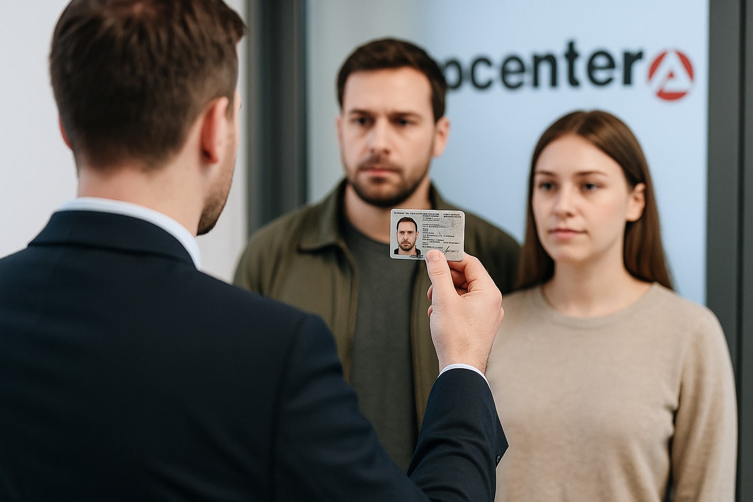 Jobcenter-Mitarbeiter prüft Ausweis eines Beistands, Bürgergeld-Empfängerin steht daneben – Identitätskontrolle im Amtszimmer