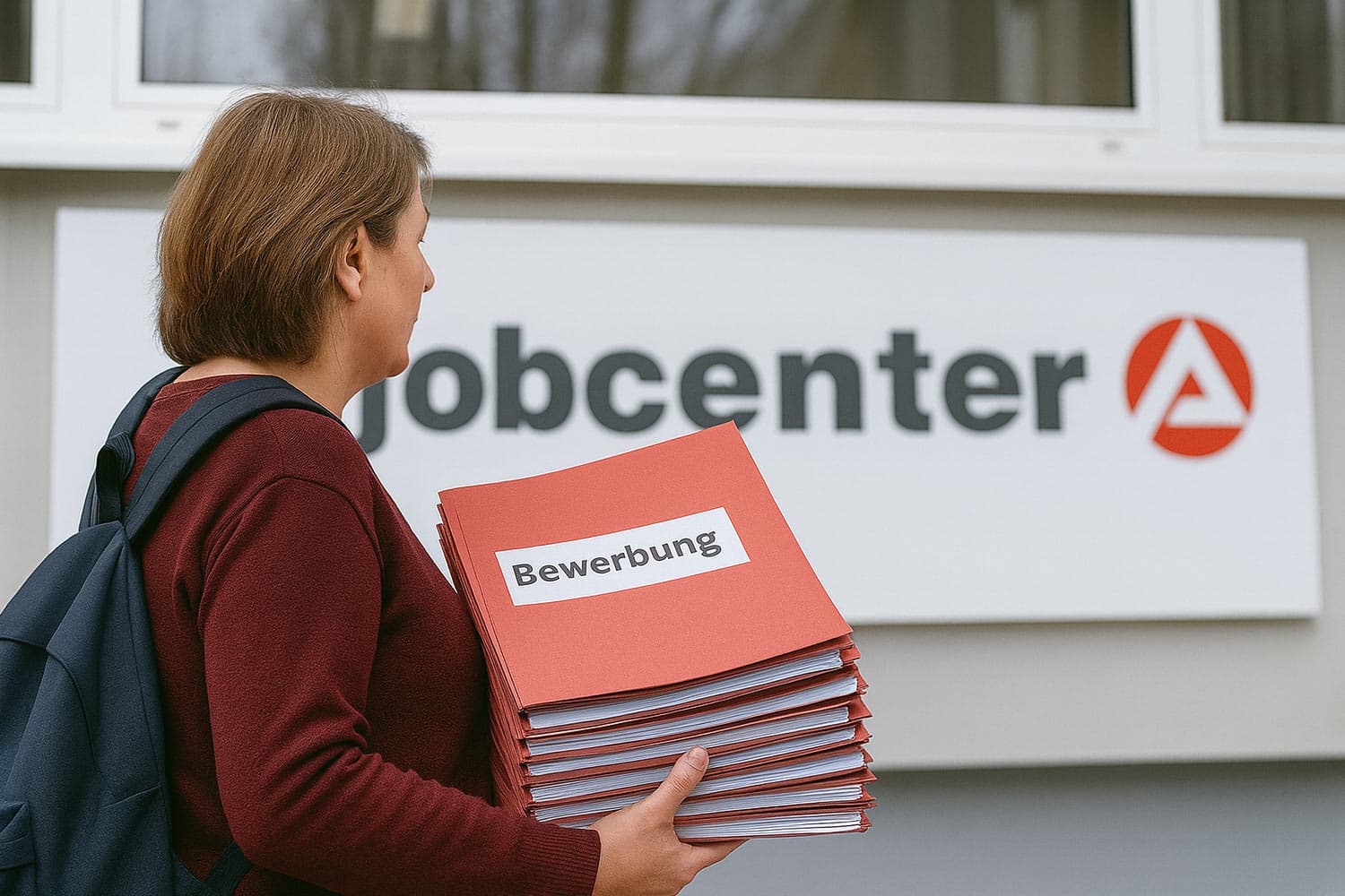 Frau mittleren Alters am Eingang des Jobcenters – sie hält einen großen Stapel roter Mappen mit der Aufschrift „Bewerbung“ in der Hand