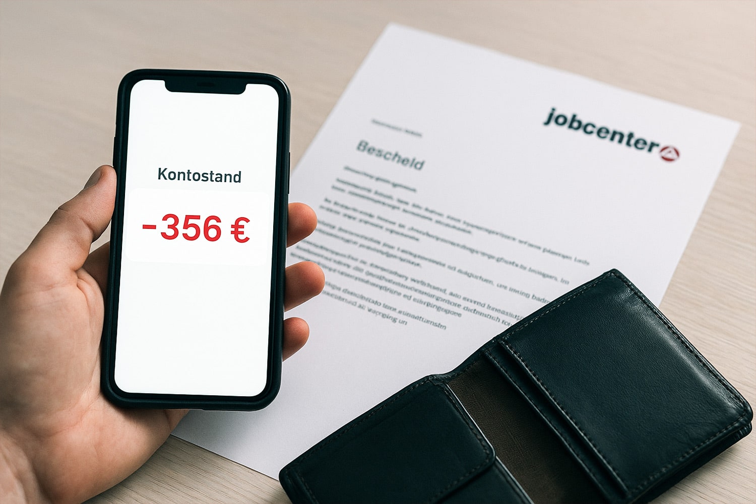 Handy mit geöffneter Bank-App, Kontostand im Minus, dahinter ein Bürgergeld-Bescheid des Jobcenters
