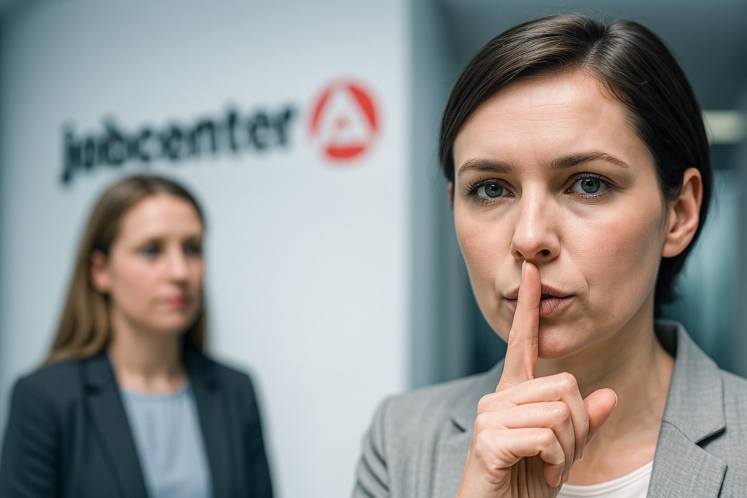 Sachbearbeiterin im Jobcenter legt Finger auf die Lippen als Zeichen des Schweigens