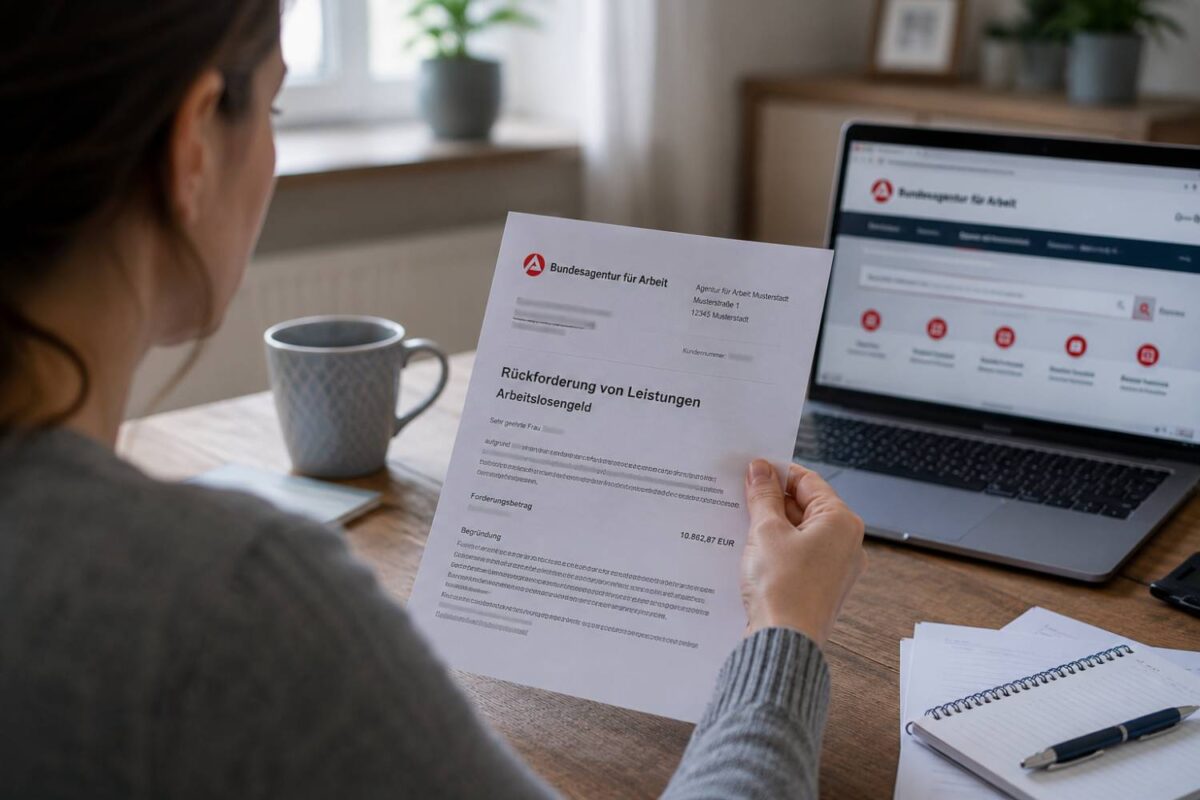 Person liest zu Hause einen Bescheid der Agentur für Arbeit zum Arbeitslosengeld an einem Schreibtisch mit Laptop und Unterlagen.