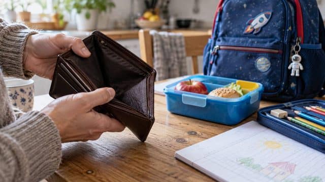 Leeres Portemonnaie neben Schulranzen und Brotdose eines Kindes auf einem Küchentisch