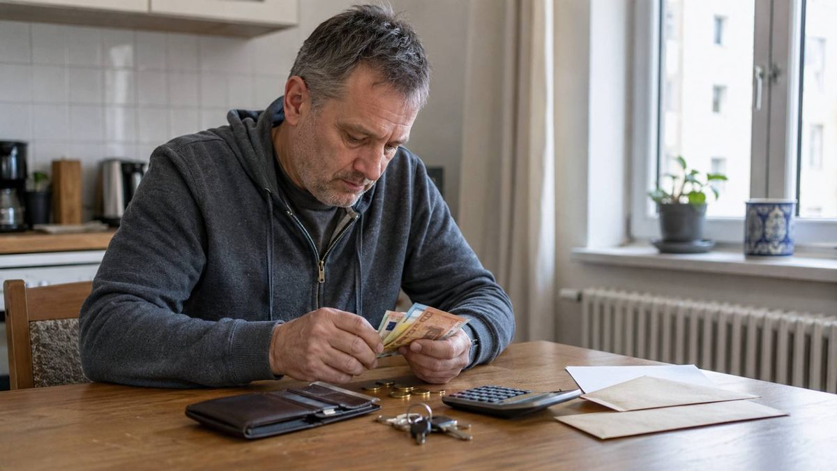 Alt-Text: Mann zählt Geld für seine Miete neben Wohnungsschlüsseln und Taschenrechner