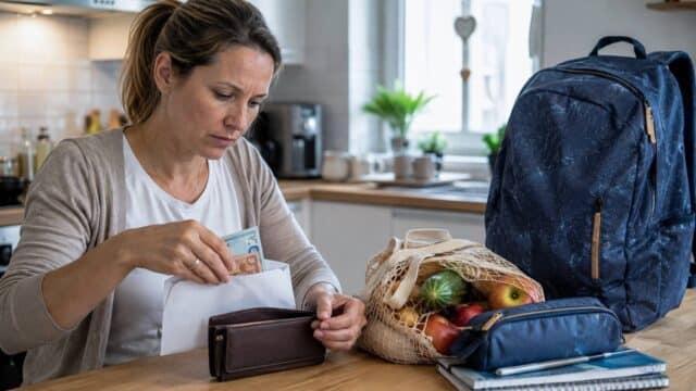 Frau zählt Bargeld am Küchentisch, im Hintergrund Schulranzen und Federmäppchen