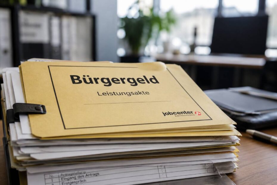 Bürgergeld-Leistungsakte auf einem Schreibtisch, die zur Prüfung bei einem Jobcenter-Termin vorliegt.
