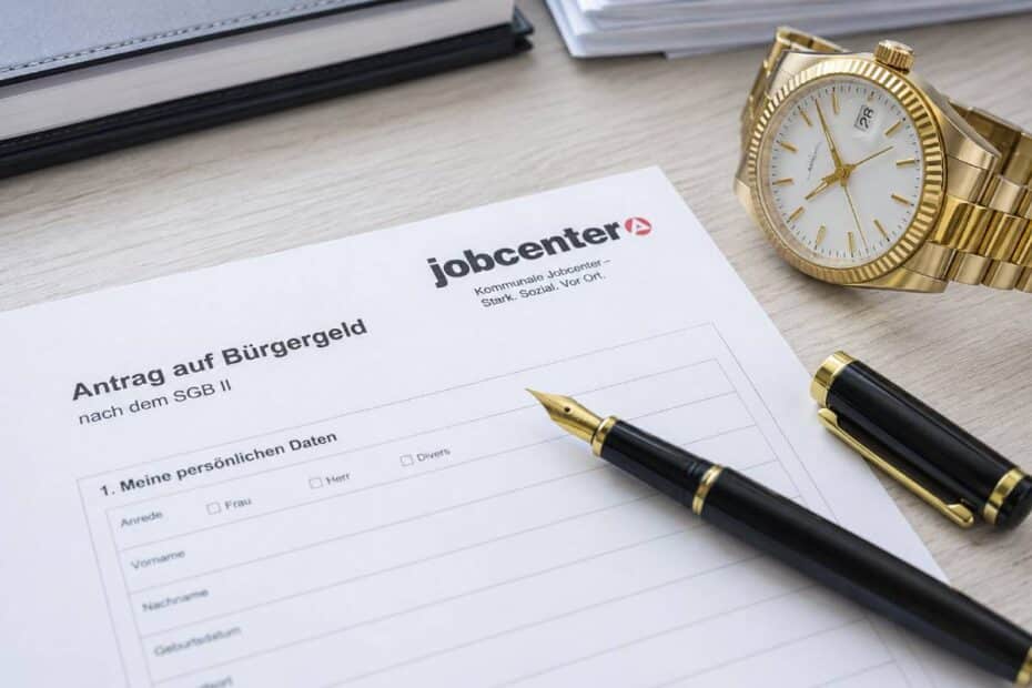 Ein Bürgergeld-Antrag des Jobcenters auf einem Schreibtisch, daneben liegen ein edler schwarzer Füllfederhalter und eine hochwertige goldene Armbanduhr.