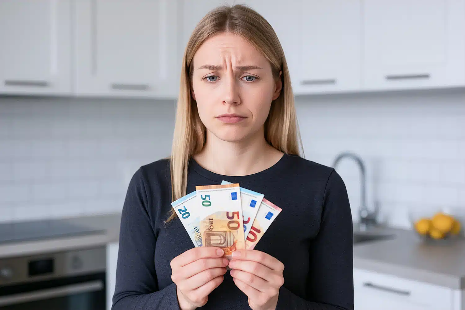 Junge Frau hält fragend Fächer aus Geldscheinen vor sich, symbolisch für Wechselbonus bei Strom und Verrechnung mit Bürgergeld