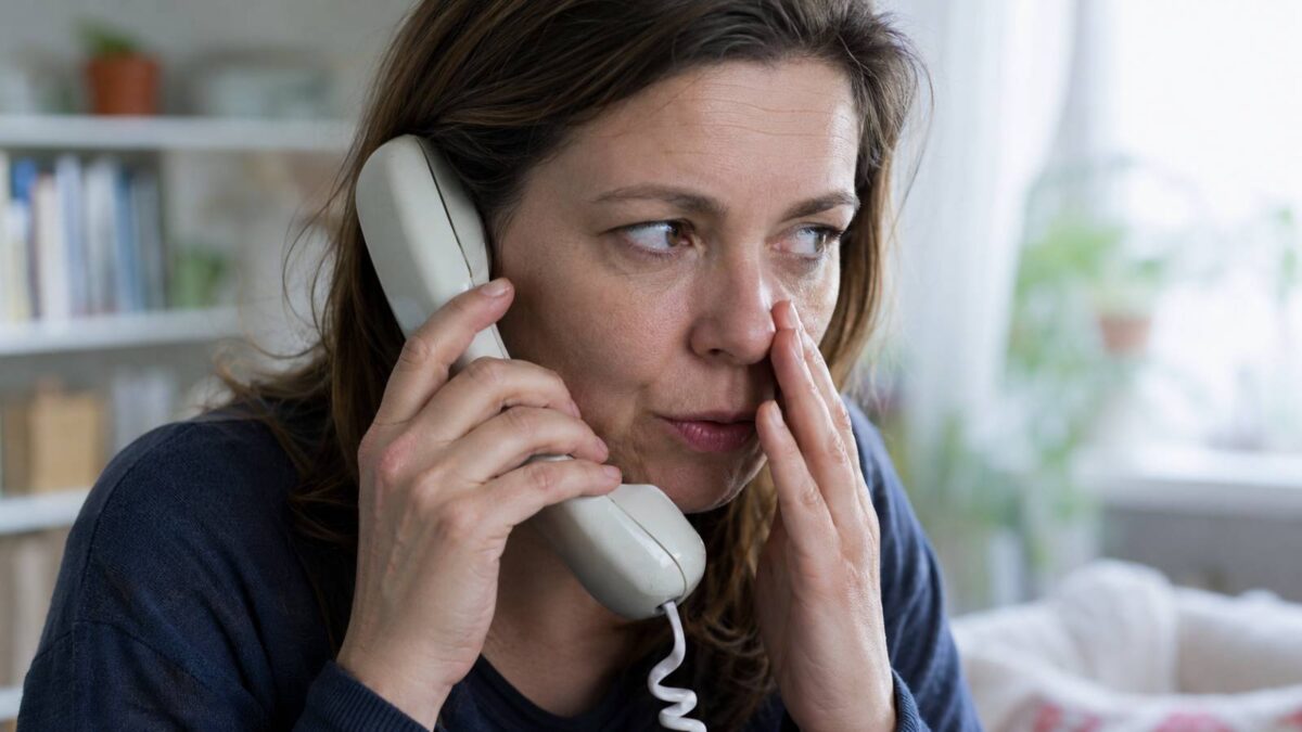 Frau spricht mit vorgehaltener Hand vertraulich in einen Telefonhörer.