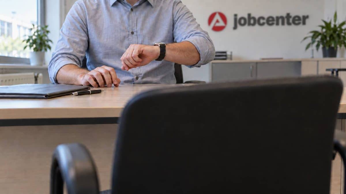 Jobcenter-Mitarbeiter schaut vor einem leeren Besucherplatz auf die Uhr
