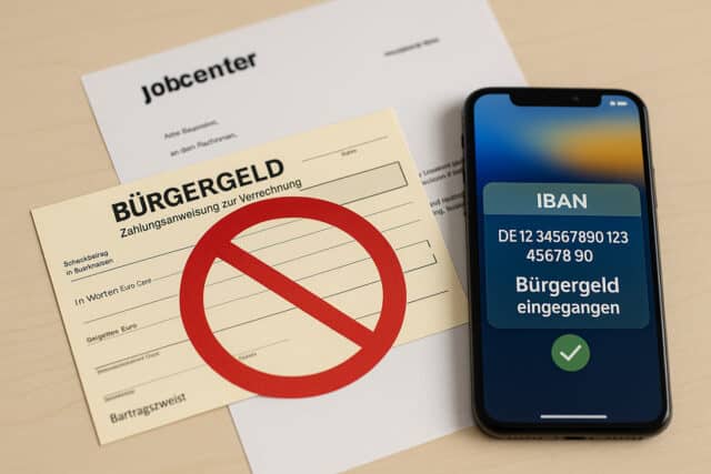 Bürgergeld-Scheck mit rotem Verbotsschild neben Smartphone mit IBAN-Anzeige und Jobcenter-Brief – Symbolbild für das Ende des Scheckverfahrens ab 2026