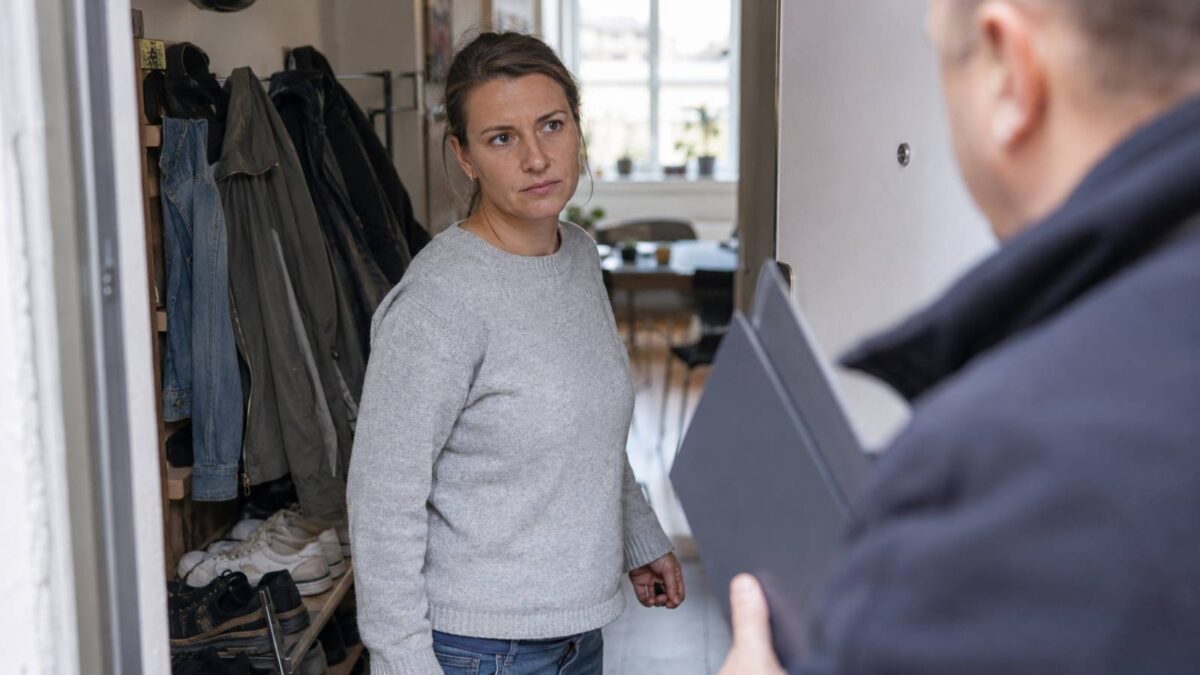 Frau an ihrer Wohnungstür bei einem Hausbesuch des Jobcenters, während der Besucher eine Mappe hält.