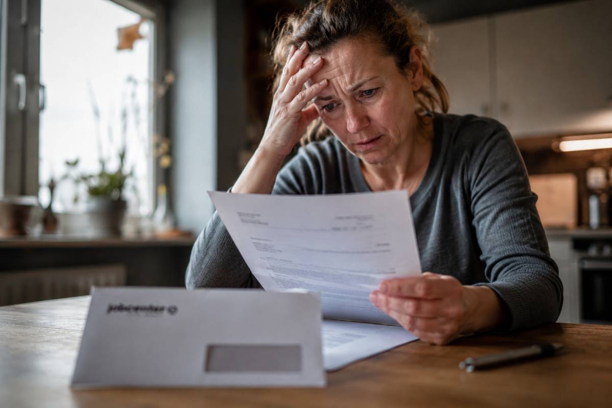 Eine besorgt wirkende Frau sitzt an einem Küchentisch und liest ein Schreiben des Jobcenters, während ein Briefumschlag im Vordergrund unscharf auf dem Tisch liegt.