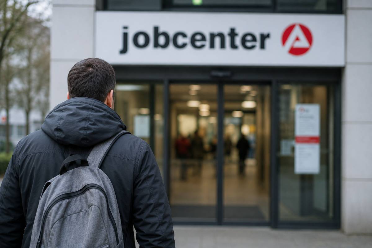 Person mit Rucksack geht auf den Eingang eines Jobcenters zu.