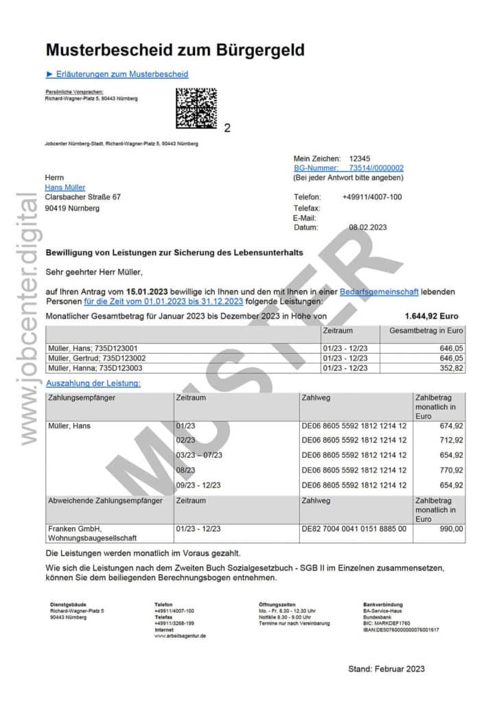 Muster für einen Bürgergeld Bescheid