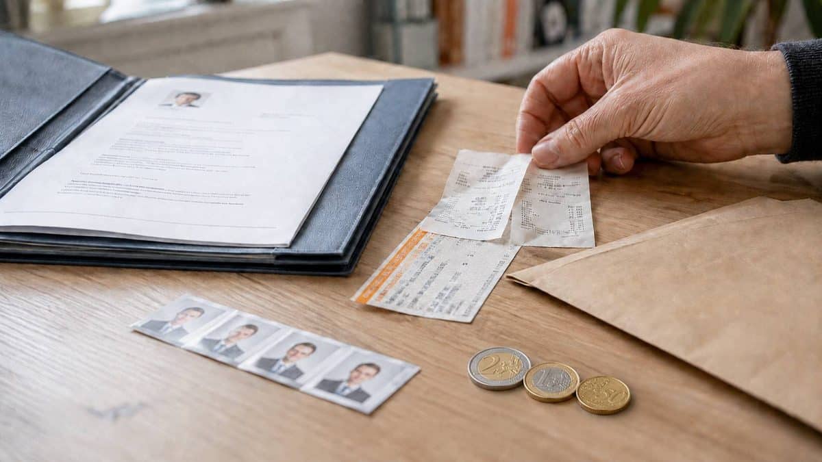 Bewerbungsunterlagen mit Fahrkarte, Belegen, Briefumschlag und Euro-Münzen auf einem Schreibtisch