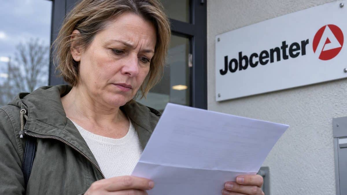Frau liest ein Schreiben vor einem Jobcenter-Gebäude.
