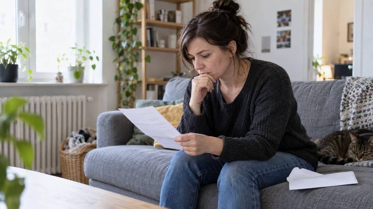 Eine Frau liest auf dem Sofa ein Schreiben, neben ihr liegt ein geöffneter Briefumschlag.