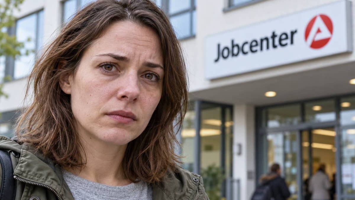 Nahaufnahme einer ernst blickenden Frau vor einem Jobcenter.