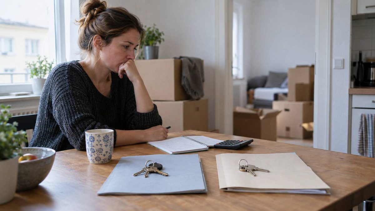 Bürgergeld-Empfängerin prüft die Kosten für zwei Wohnungen zwischen Umzugskartons
