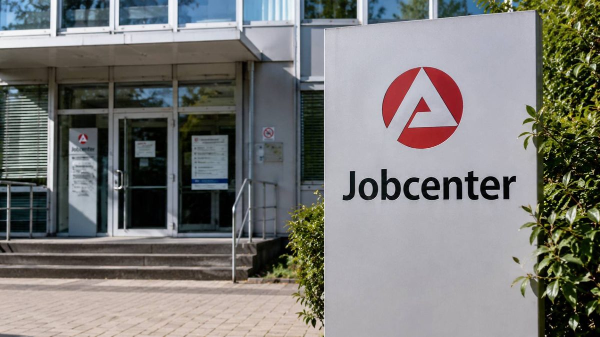 Eingang eines Jobcenters mit großem Jobcenter-Schild vor dem Gebäude
