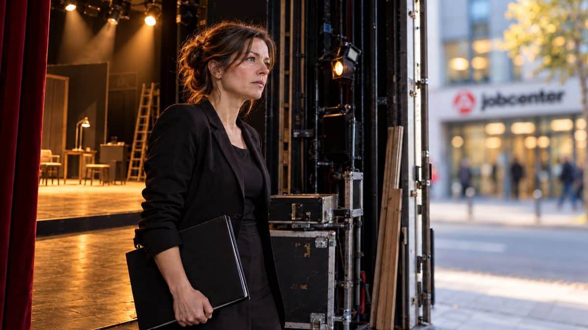 Frau mit Arbeitsmappe zwischen Theaterbühne und Jobcenter