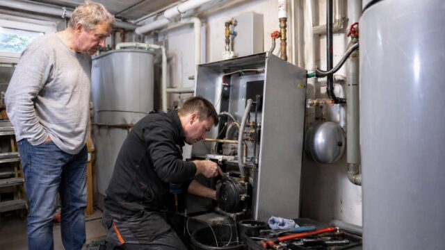 Monteur repariert eine Heizung im Keller.
