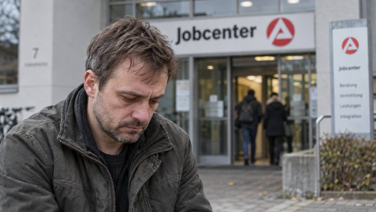 Mann mit gesenktem Kopf vor einem Jobcenter.