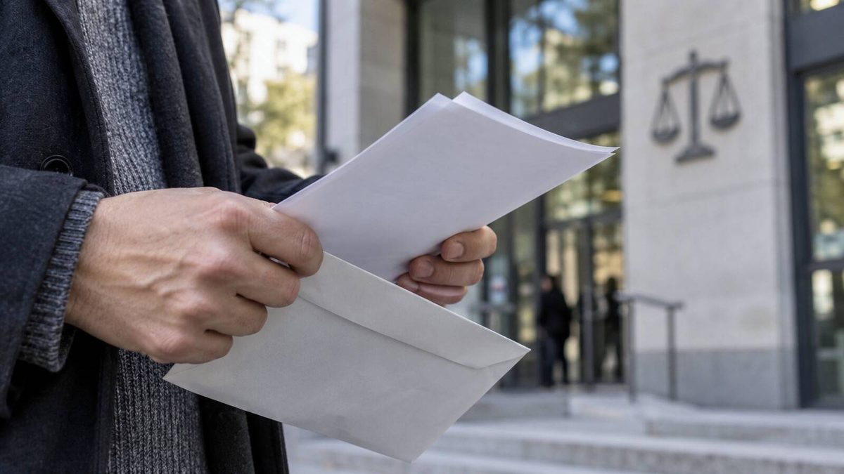 Hände halten einen kurzen Eilantrag vor einem Sozialgericht
