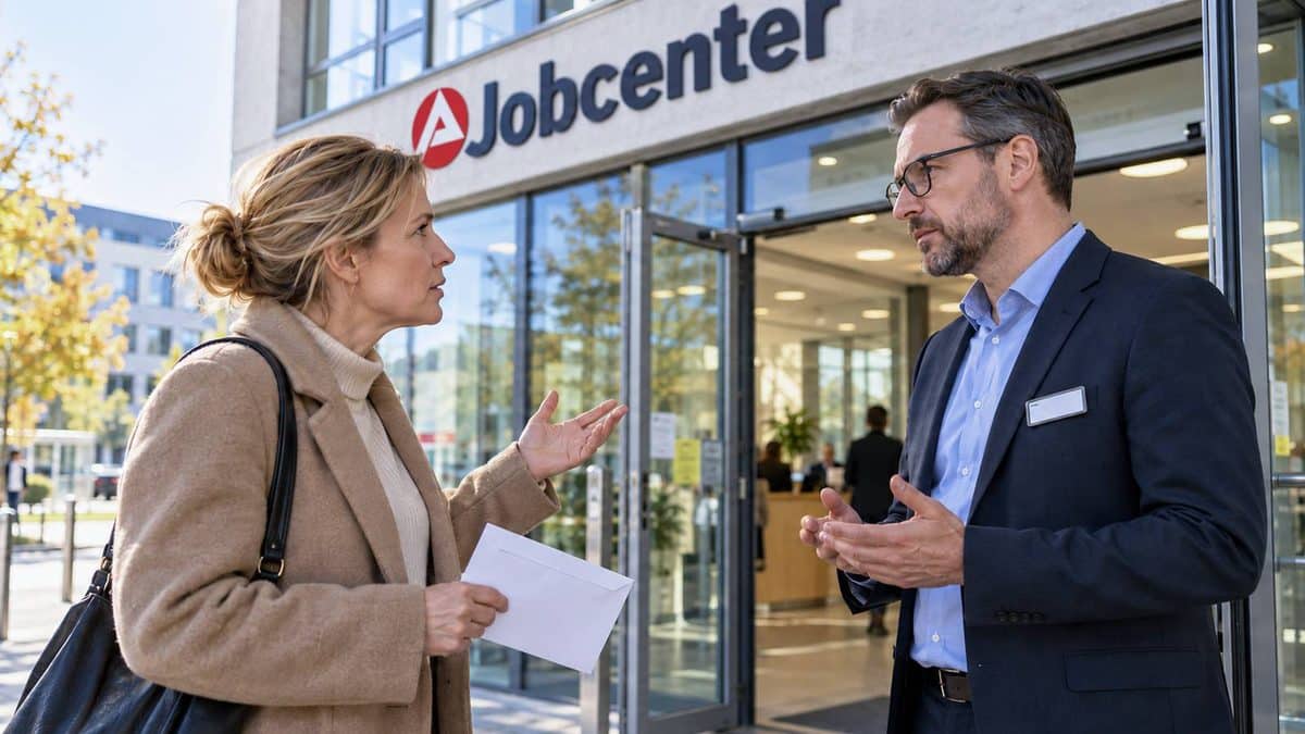 Frau mit Brief spricht vor einem Jobcenter mit einem Mitarbeiter. Über dem Eingang ist das Jobcenter-Logo zu sehen.